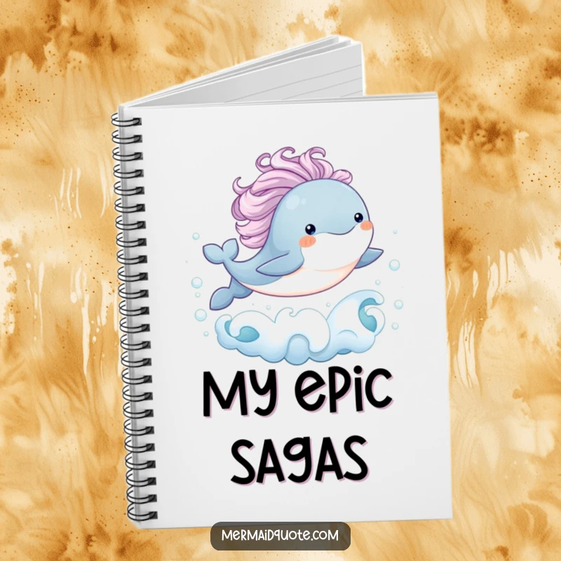 Funny notebook cover depicting a baby whale with a flowing mane joyfully leaping from bubbly ocean waves, perfect for journaling with whimsical humor.