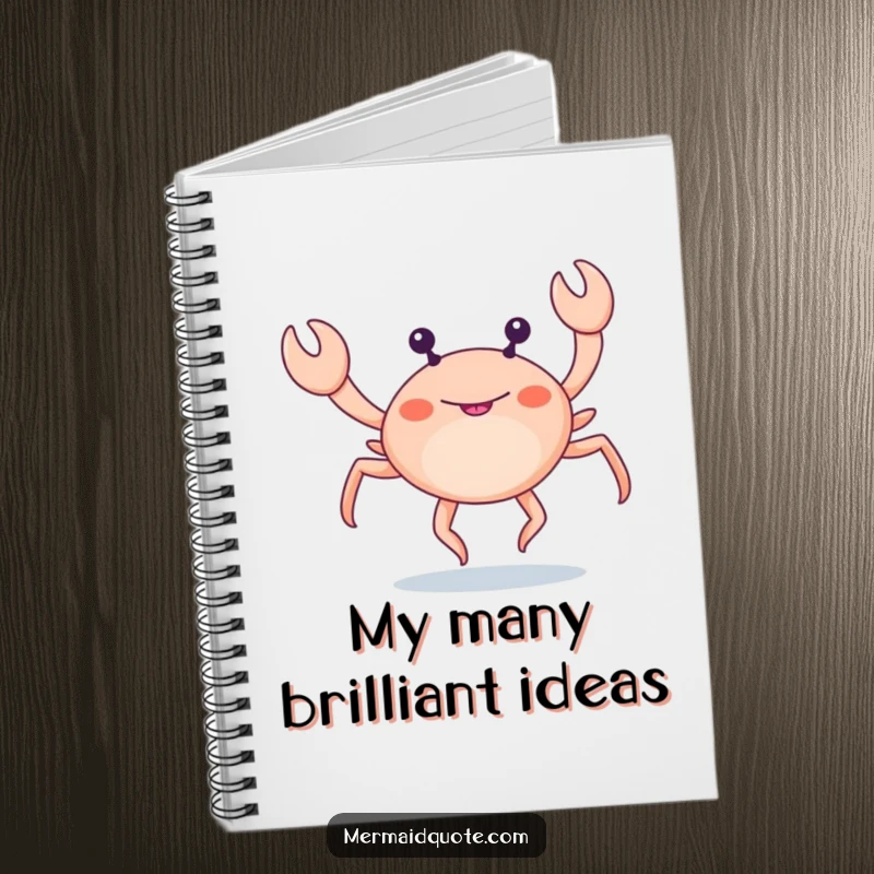 Funny little crab with extra legs doing a funny leg dance on a notebook, great for jotting down ideas.