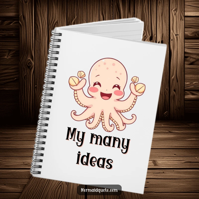 Funny notebook featuring a happy octopus with a wide smile, waving small seashells, ideal for jotting down notes with a touch of humor.