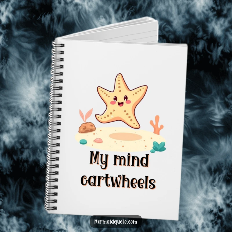 Funny cheerful starfish doing a cartwheel on the sandy ocean floor, on the cover of a lined notebook.