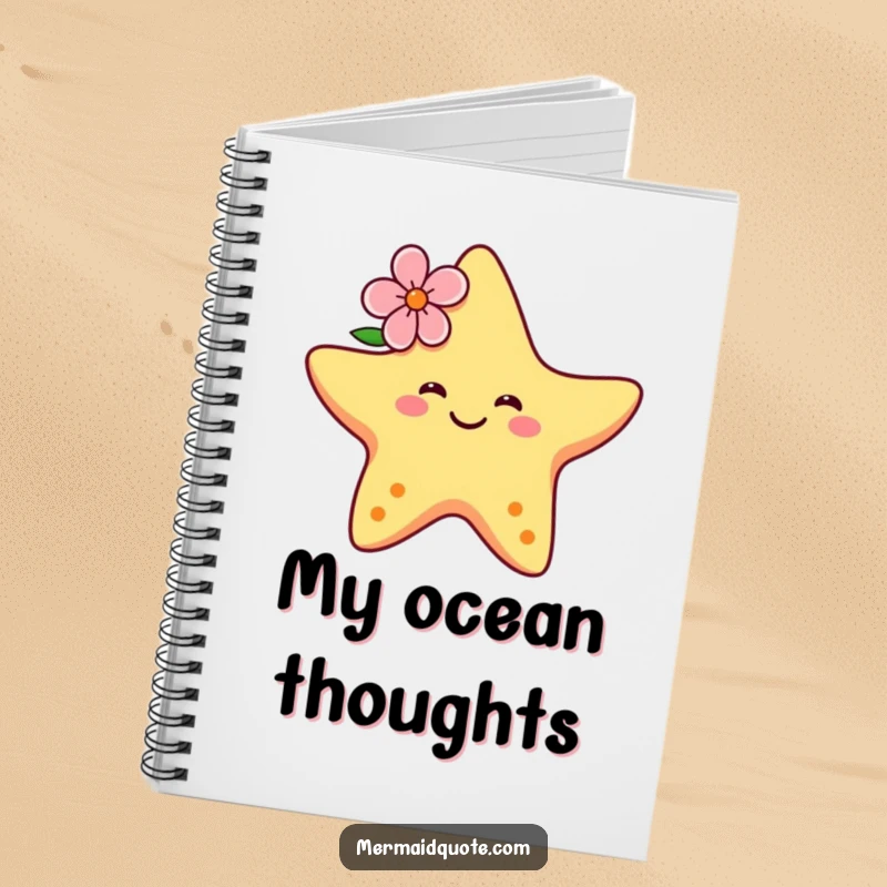 Funny notebook cover showing a smiling starfish with a flower, dancing joyfully, inspiring sunny thoughts and creative writing.