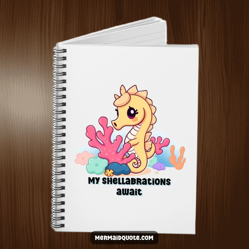 Funny seahorse notebook showcasing a curious seahorse peeking from colorful coral, ideal for journaling, notes, and doodling with a humorous touch.
