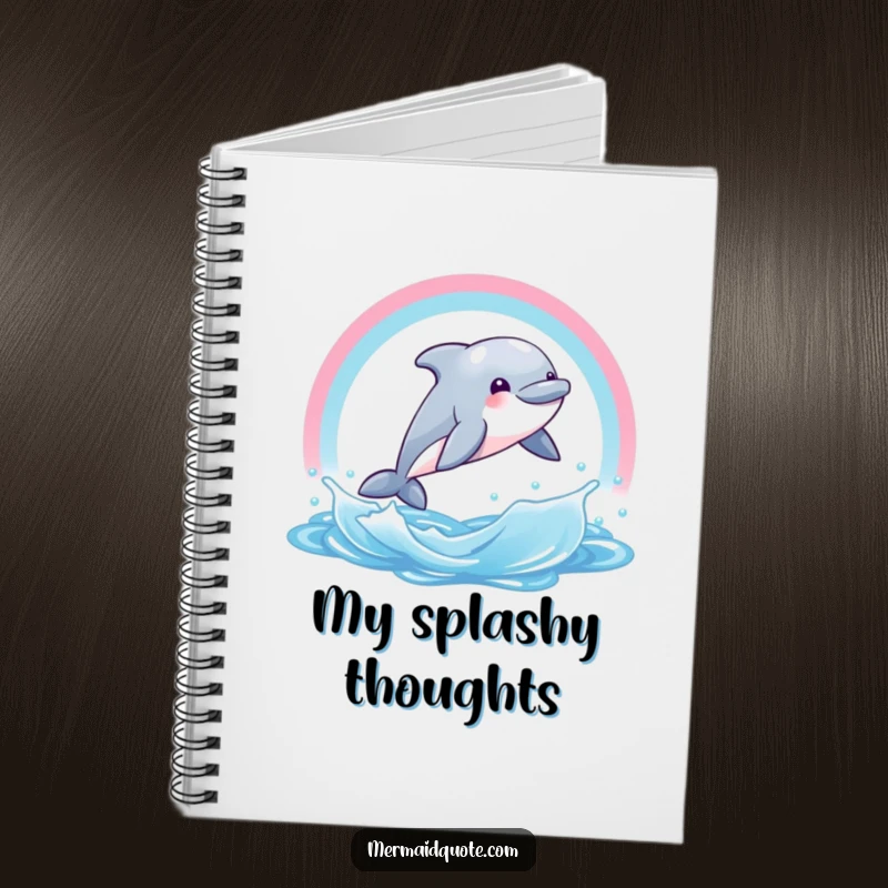 Funny notebook cover featuring a happy dolphin creature leaping through a colorful water rainbow. Ideal for journaling with a joyful theme.