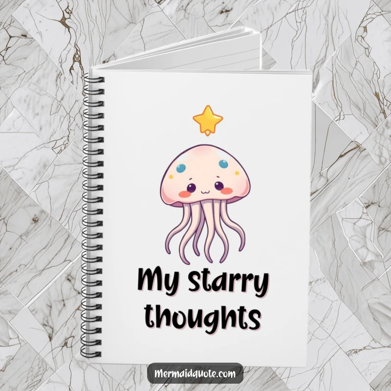 Funny jellyfish notebook with a curious character reaching for a star on the cover, perfect for writing and sketching.