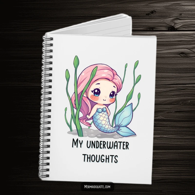 Funny notebook with a curious mermaid peeking from seaweed, ideal for notes and journaling with an enchanting ocean theme.