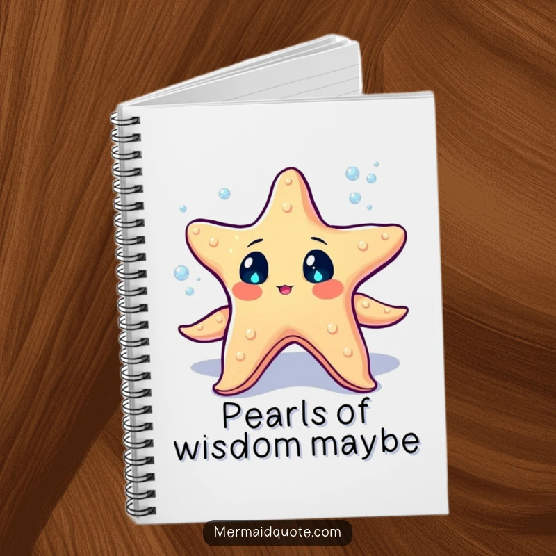 Funny starfish with sparkling eyes juggling tiny glowing sea pearls on a notebook, great for capturing magical ideas.