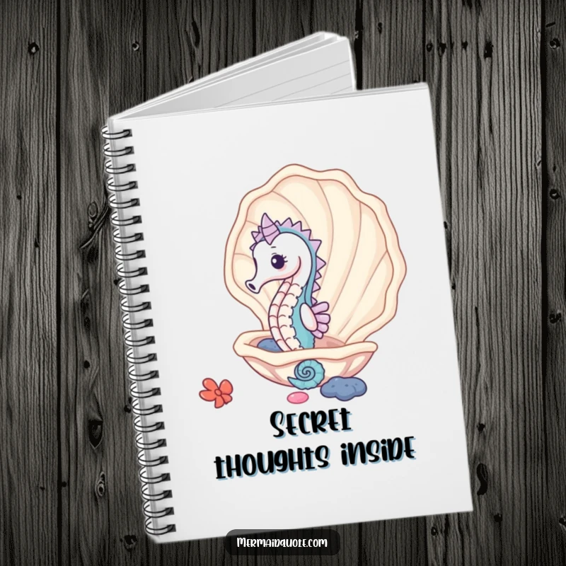 Funny cute seahorse peeking from a giant clam shell, a humorous notebook for jotting down ocean ideas.