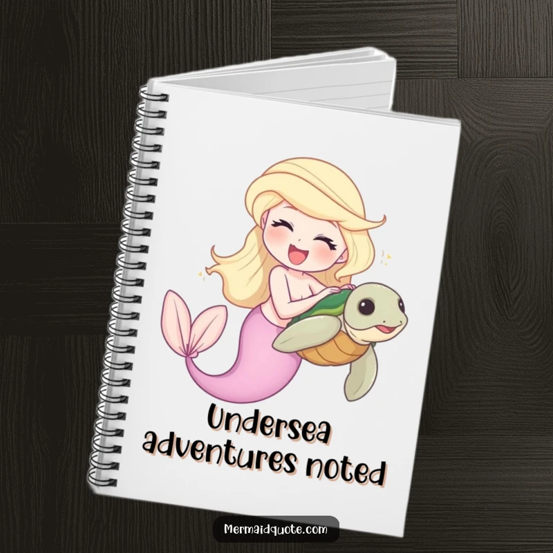 Funny notebook cover featuring a laughing mermaid tickling a shy sea turtle, perfect for ocean-inspired notes.