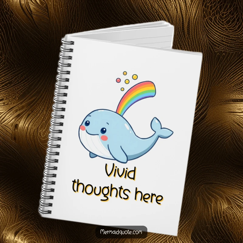 Funny smiling whale spouting a rainbow on the cover of a lined notebook for jotting down happy thoughts.