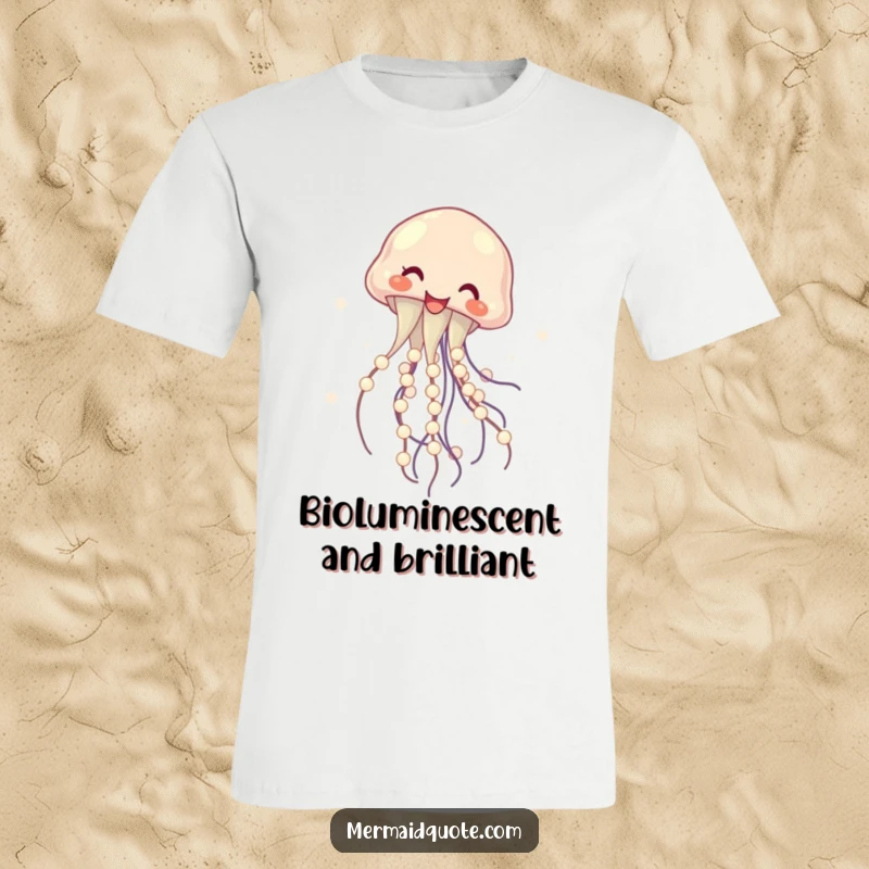 Funny t-shirt featuring a laughing jellyfish artistically twirling luminous pearls, depicting whimsical fun and a joyful spirit, a great funny gift.