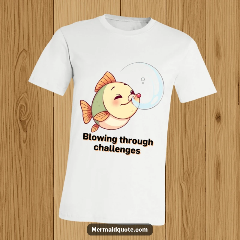 Funny determined fish t-shirt depicting a small, heroic fish triumphantly blowing an enormous, shimmering bubble against a simple background.