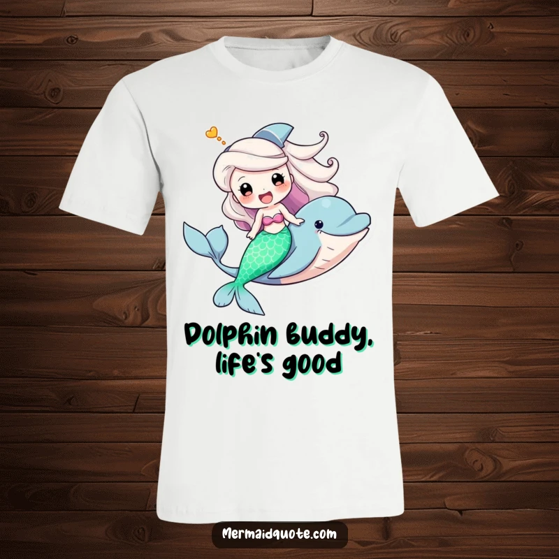 Funny t-shirt depicting a mermaid joyfully riding a friendly dolphin with a big, triumphant grin, an image of pure aquatic fun.