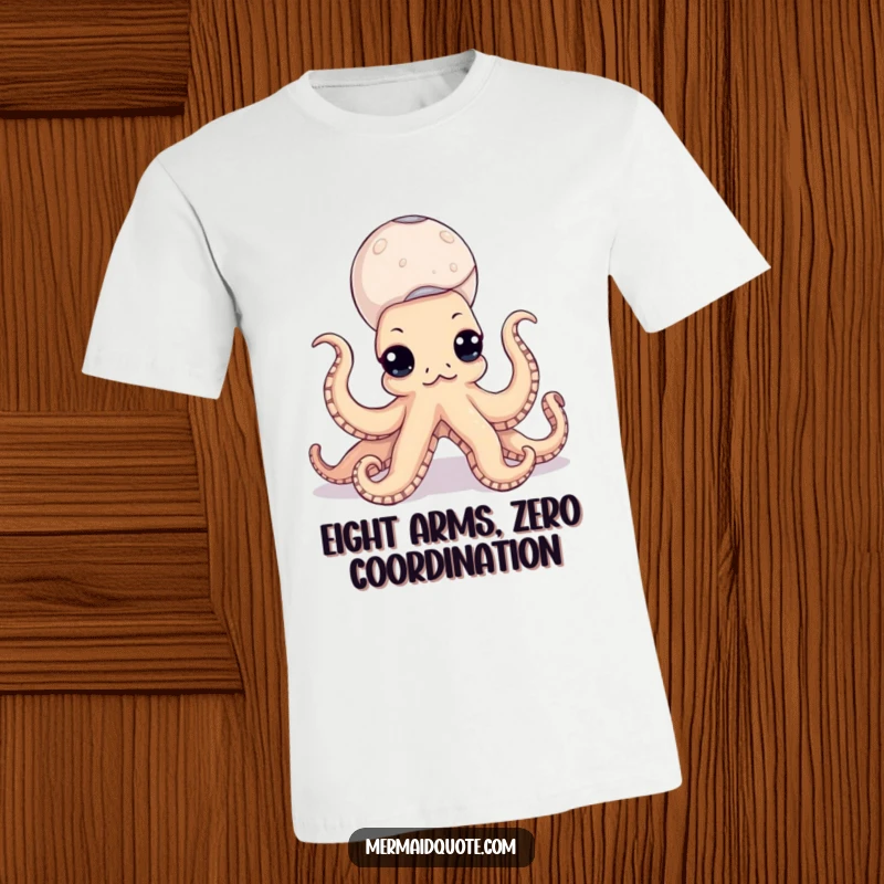 Funny octopus t-shirt showing a curious creature skillfully balancing numerous seashells on its wobbly tentacles against a plain background.