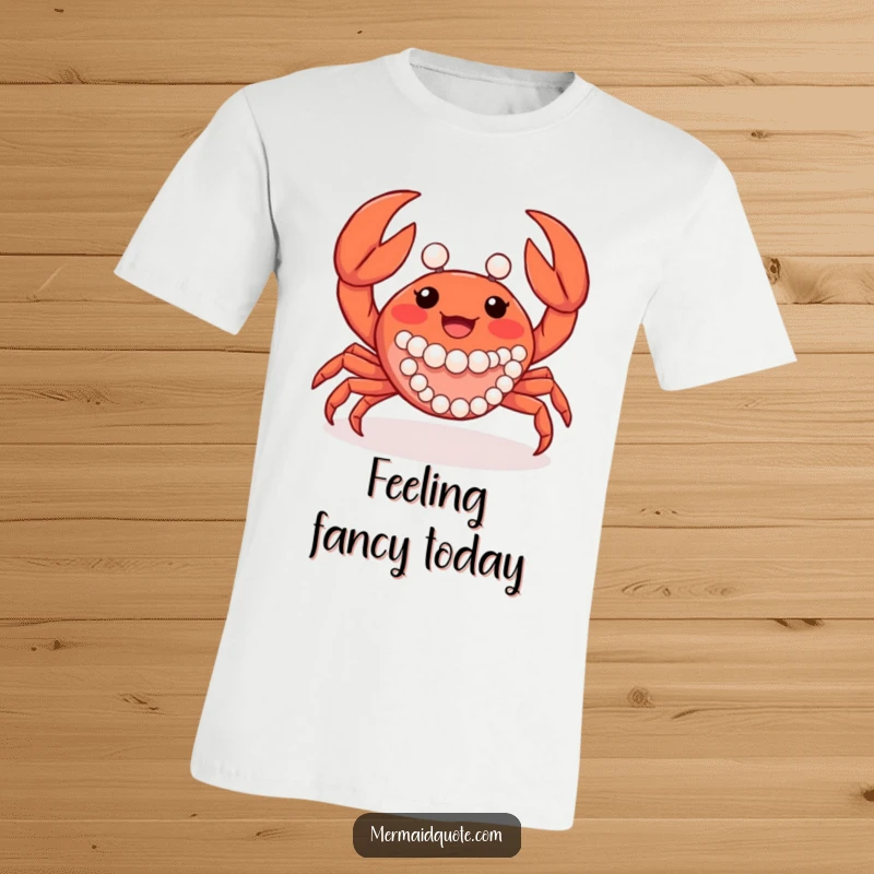 Funny happy crab creature waving its claws enthusiastically, decorated with pearls, printed on a stylish t-shirt.