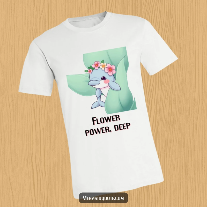 Funny Dolphin Flower Crown T-Shirt: Adorable dolphin with a flower crown peeking from kelp, a whimsical and charming tee.