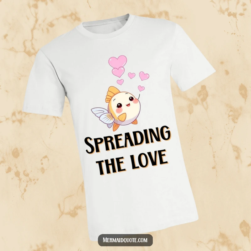 Funny tiny angelfish t-shirt, happily blowing a stream of adorable heart-shaped bubbles, symbolizing love and underwater fun.