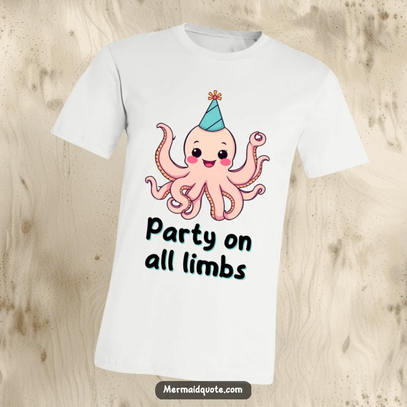 Funny cheerful octopus in a festive party hat, joyfully waving all eight arms, on a comfortable and fun t-shirt.