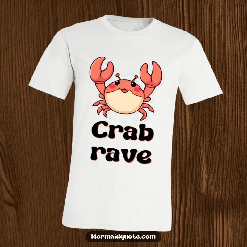Funny t-shirt showcasing a small crab with impressively large claws waving energetically, perfect for beach outings and casual fun.