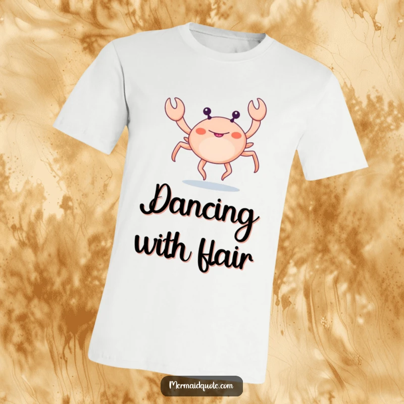 Funny little crab with extra legs doing a funny leg dance on a t-shirt, vibrant and humorous beachwear.
