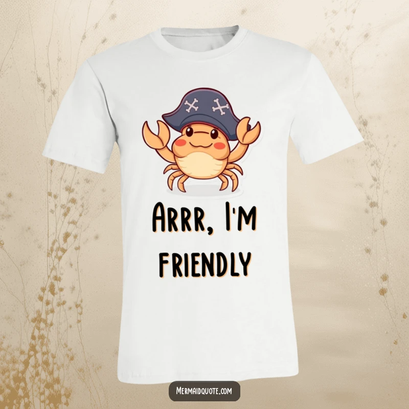 Funny T-Shirt of a little crab in a pirate hat, extending a claw for a friendly and humorous wave.