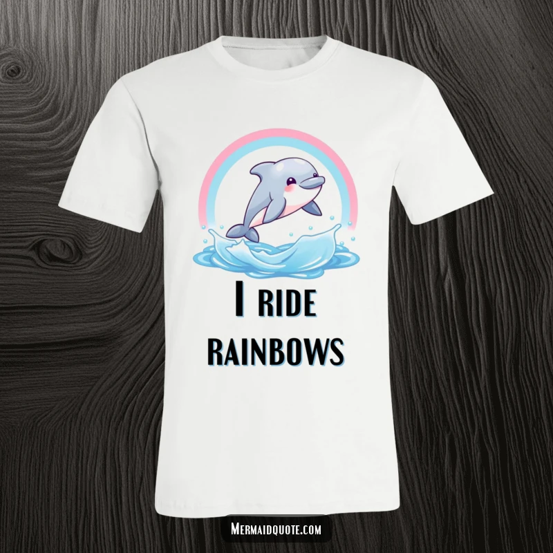 Funny t-shirt with a grinning dolphin creature leaping through a bright rainbow water arch. Playful and humorous apparel.