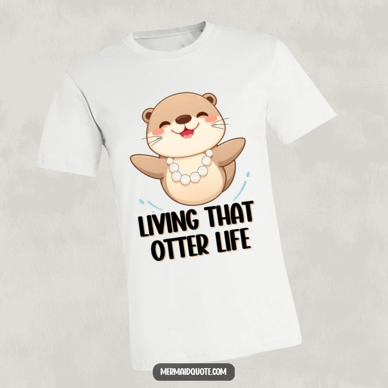 Funny happy sea otter adorned with a lustrous pearl necklace, swimming gracefully, printed on a soft and comfortable t-shirt.