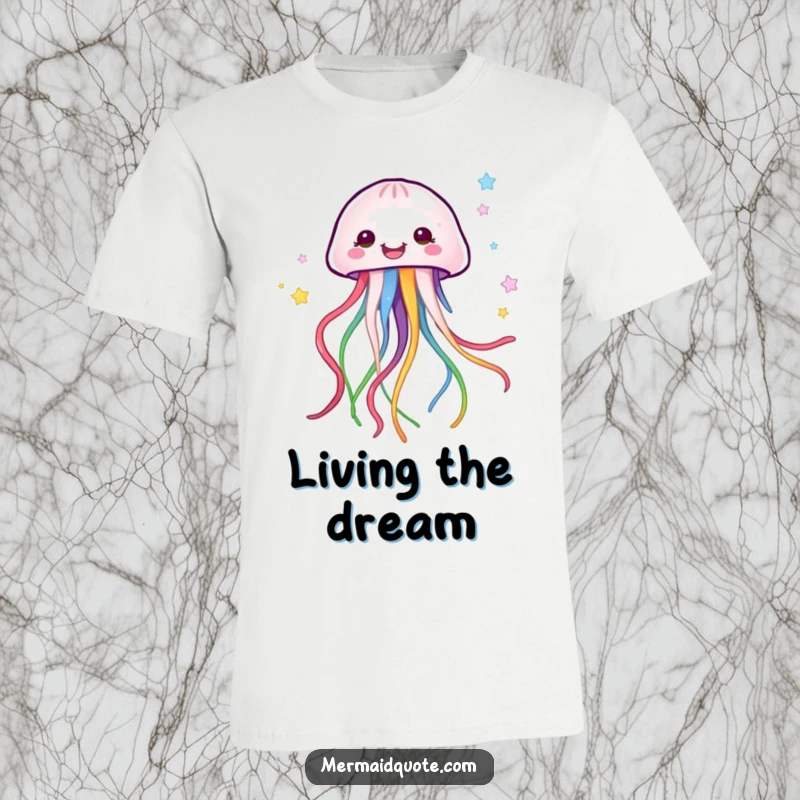 Funny cheerful jellyfish creature with trailing, multi-colored ribbons, swimming gracefully in the ocean, printed on a t-shirt.