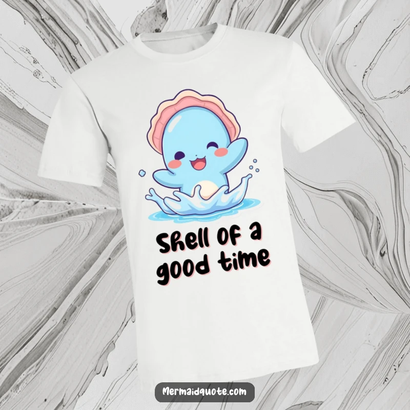 Funny t-shirt showing a charming blue creature wearing a seashell hat, splashing water with pure delight and playful energy.