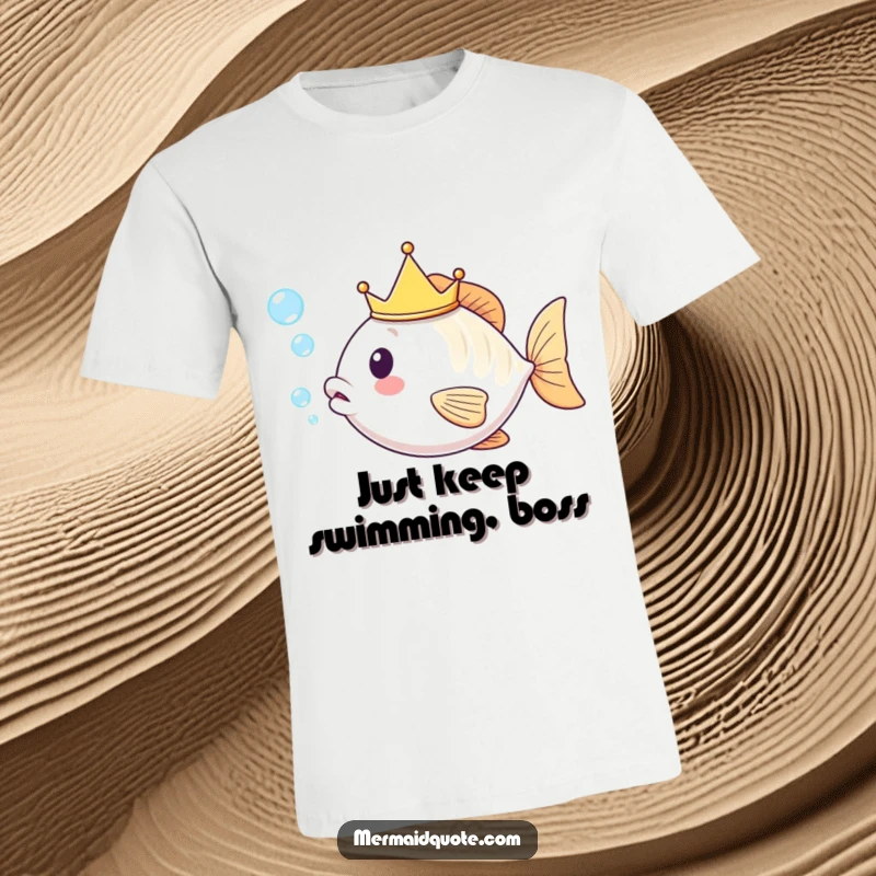 Funny kawaii fish sporting a tiny golden crown, joyfully blowing iridescent bubbles, printed on a soft t-shirt.