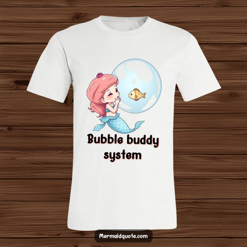 Funny t-shirt depicting a mermaid blowing a shimmering bubble with a tiny fish inside, a whimsical and humorous design.