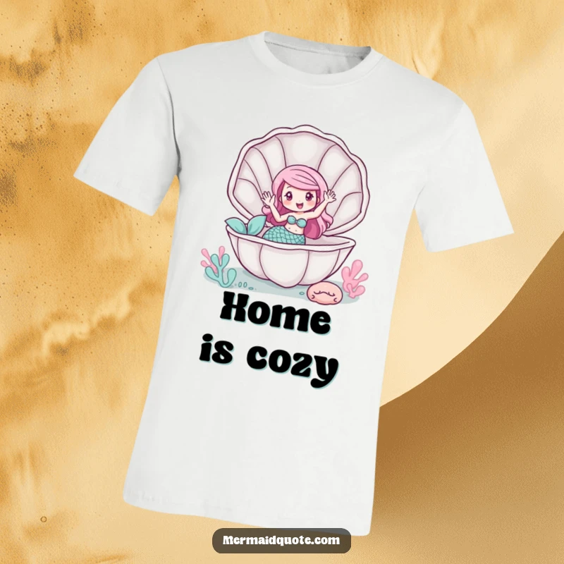 Funny t-shirt with a mermaid waving from inside a giant clam, a whimsical and friendly design.