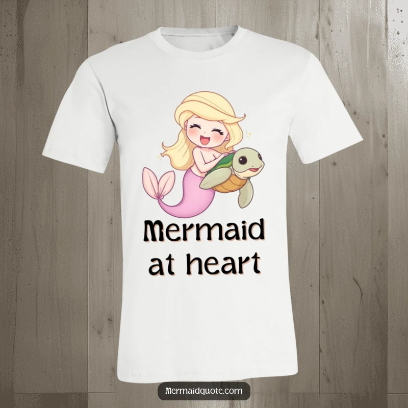Funny t-shirt showing a joyful mermaid tickling a bashful sea turtle, capturing a moment of underwater glee.