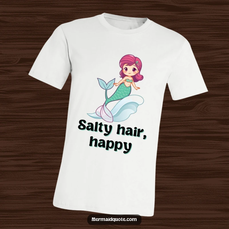 Funny t-shirt of a mermaid happily riding a wave, her tail swishing, embodying ocean joy.