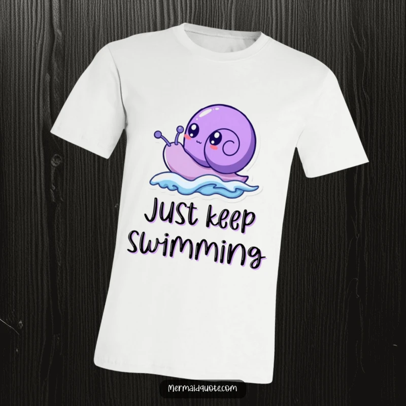 Funny purple sea snail creature wearing a happy expression, its bubbly eyes wide as it surfs a small wave with glee.