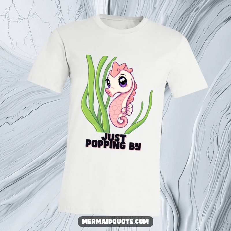 Funny T-Shirt featuring a curious seahorse with sparkling eyes, peeking out from seaweed with a humorous sense of discovery.