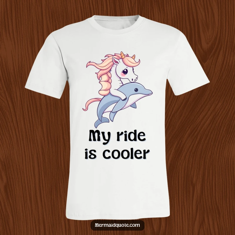 Funny t-shirt featuring a cute seahorse with a flowing mane joyfully riding a dolphin, capturing a moment of pure aquatic fun.