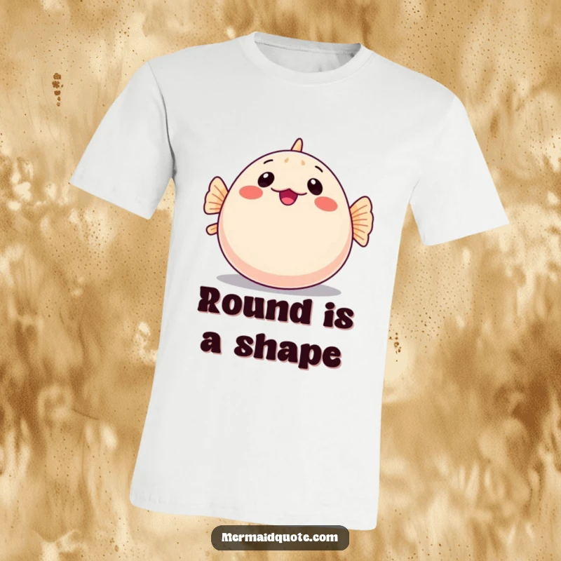 Funny t-shirt illustrating a shy pufferfish humorously inflating into a large, round shape, expressing a comical sense of defense.