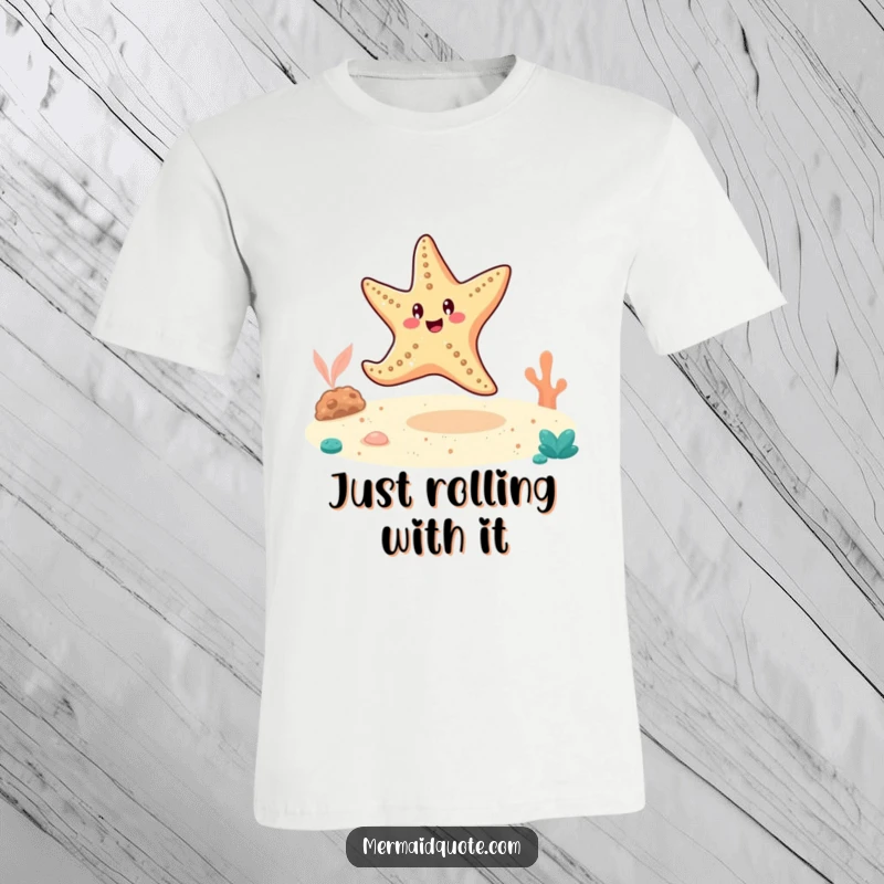 Funny cheerful starfish performing a cartwheel on the ocean floor, printed on a comfortable t-shirt.