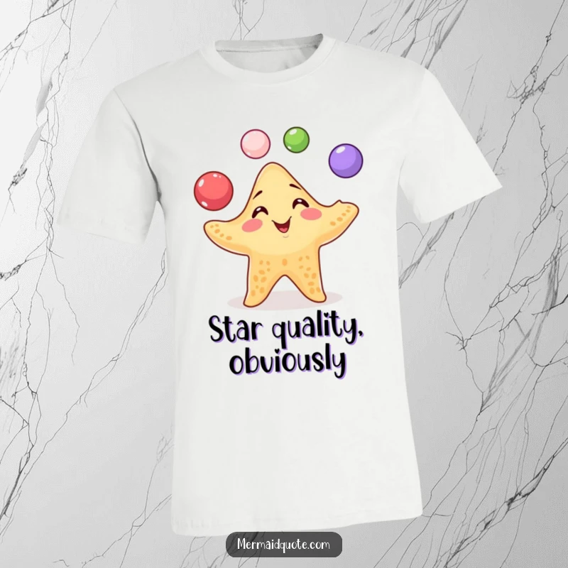 Funny Starfish Juggling T-Shirt: Playful starfish with a mischievous grin juggles colorful pearls, a fun and quirky tee.