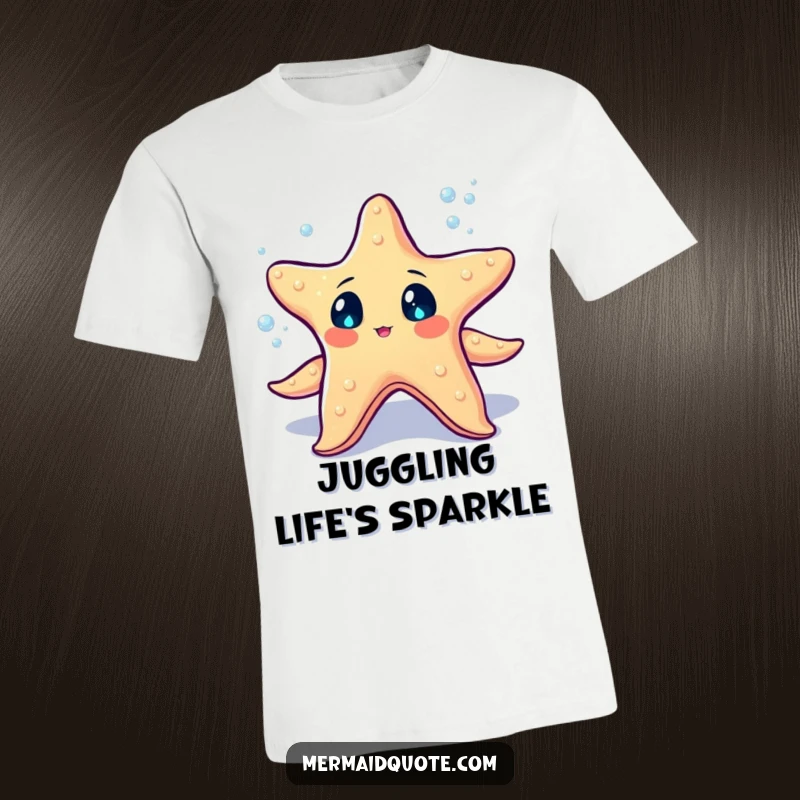 Funny starfish with sparkling eyes juggling tiny glowing sea pearls on a t-shirt, eye-catching and whimsical apparel.