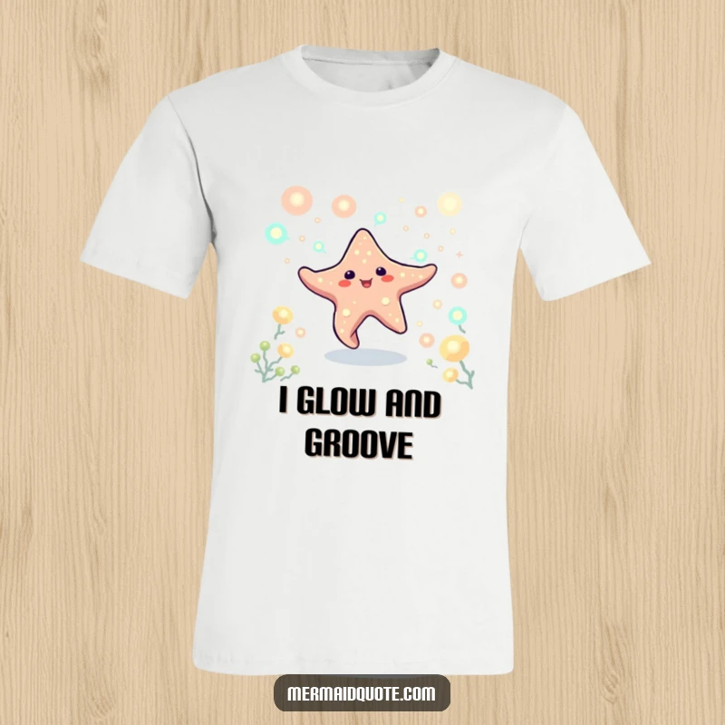 Funny t-shirt with a happy starfish creature dancing amidst shimmering, glowing plankton. Playful and humorous ocean apparel.