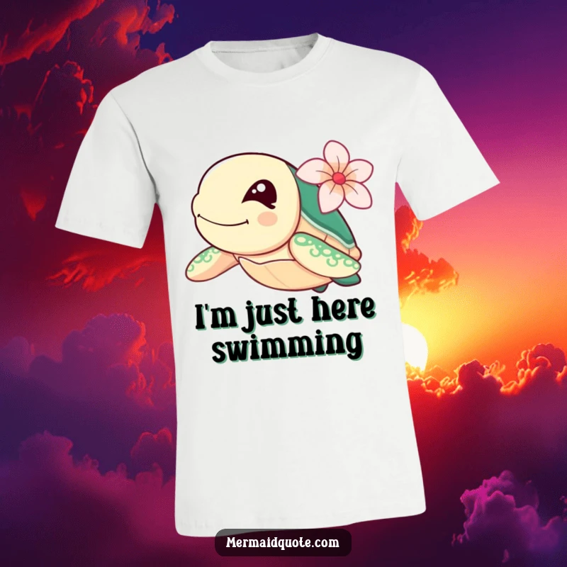 Funny sea turtle winking with a flower behind its ear, swimming fast, printed on a comfortable t-shirt.