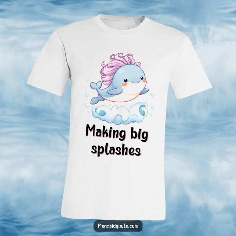 Funny T-shirt featuring a baby whale with a flowing mane, joyfully leaping from bubbly ocean waves, perfect for casual wear and ocean lovers.