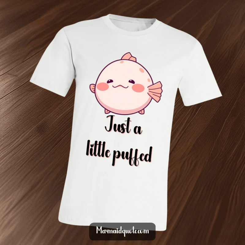 Funny T-Shirt of a shy pufferfish inflating slightly while letting out a hesitant, humorous giggle.