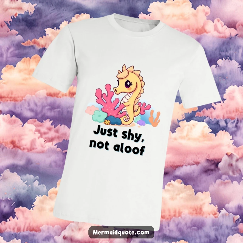 Funny seahorse t-shirt with a curious seahorse peeking from vibrant coral, showcasing a playful underwater scene and a sense of wonder.