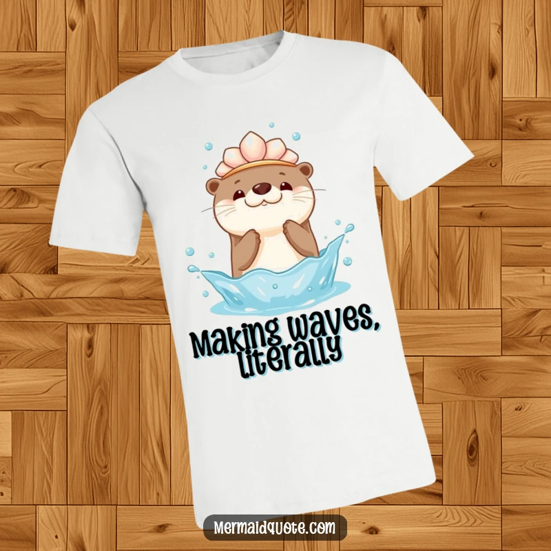 Funny T-shirt featuring a cute kawaii otter with a seashell crown, joyfully splashing water upwards, perfect for casual wear and otter enthusiasts.