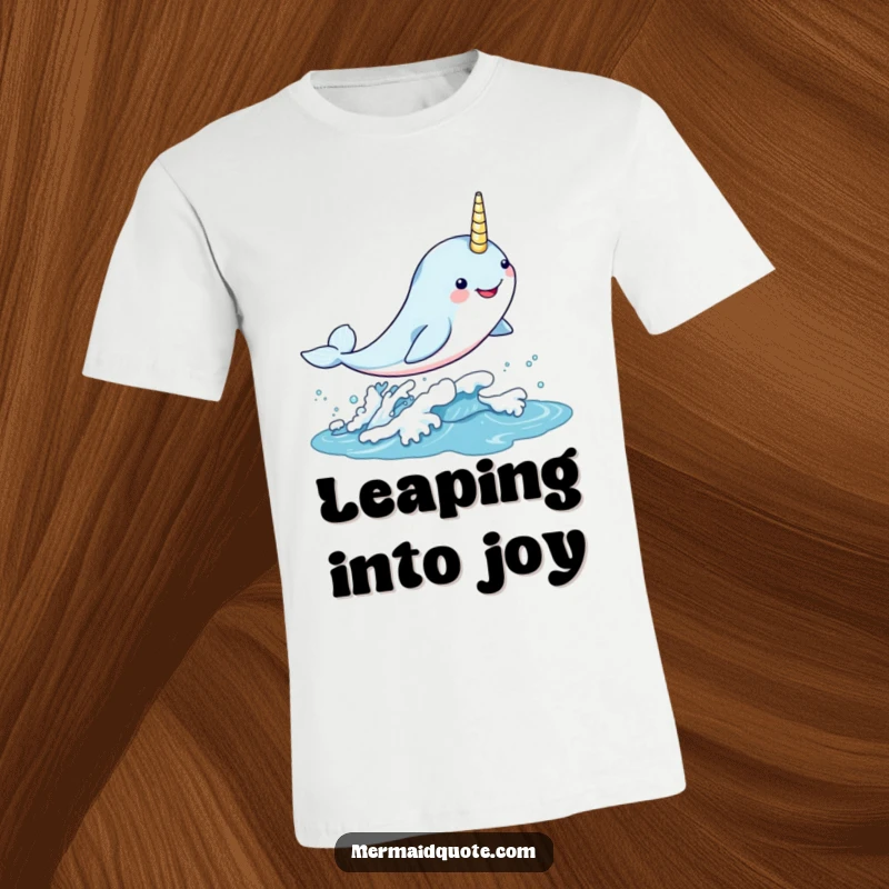 Funny kawaii narwhal leaping gleefully through a shimmering wave on a t-shirt, cute and magical apparel.