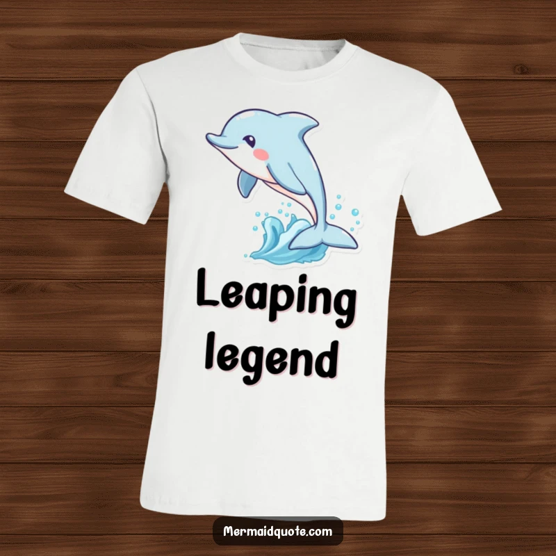 Funny t-shirt depicting a playful dolphin with a unique tail fin leaping dynamically through ocean waves, full of energy and joy.