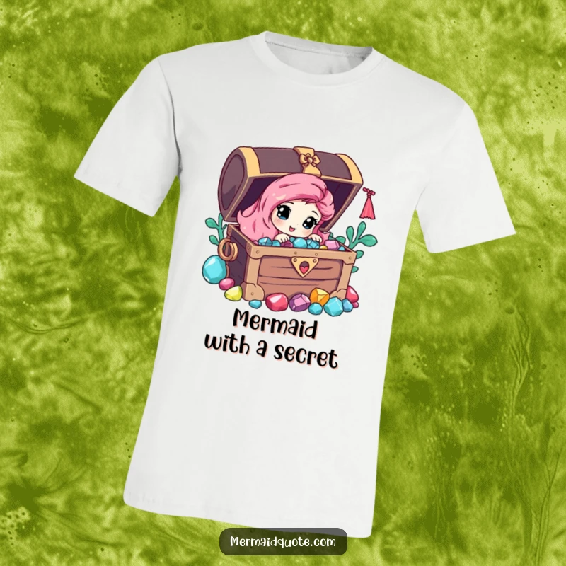 Funny t-shirt depicting a curious mermaid peeking from behind a pirate chest brimming with colorful, glittering gems.