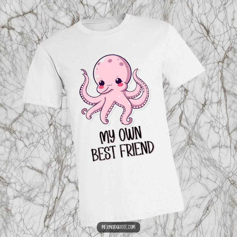 Funny kawaii octopus t-shirt, captured in the act of tickling its own tentacles with a comical, delighted expression.
